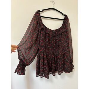 Torrid Black Red Floral Smocked Peplum Top Ruffle Long Sleeve Chiffon Size 4 4X